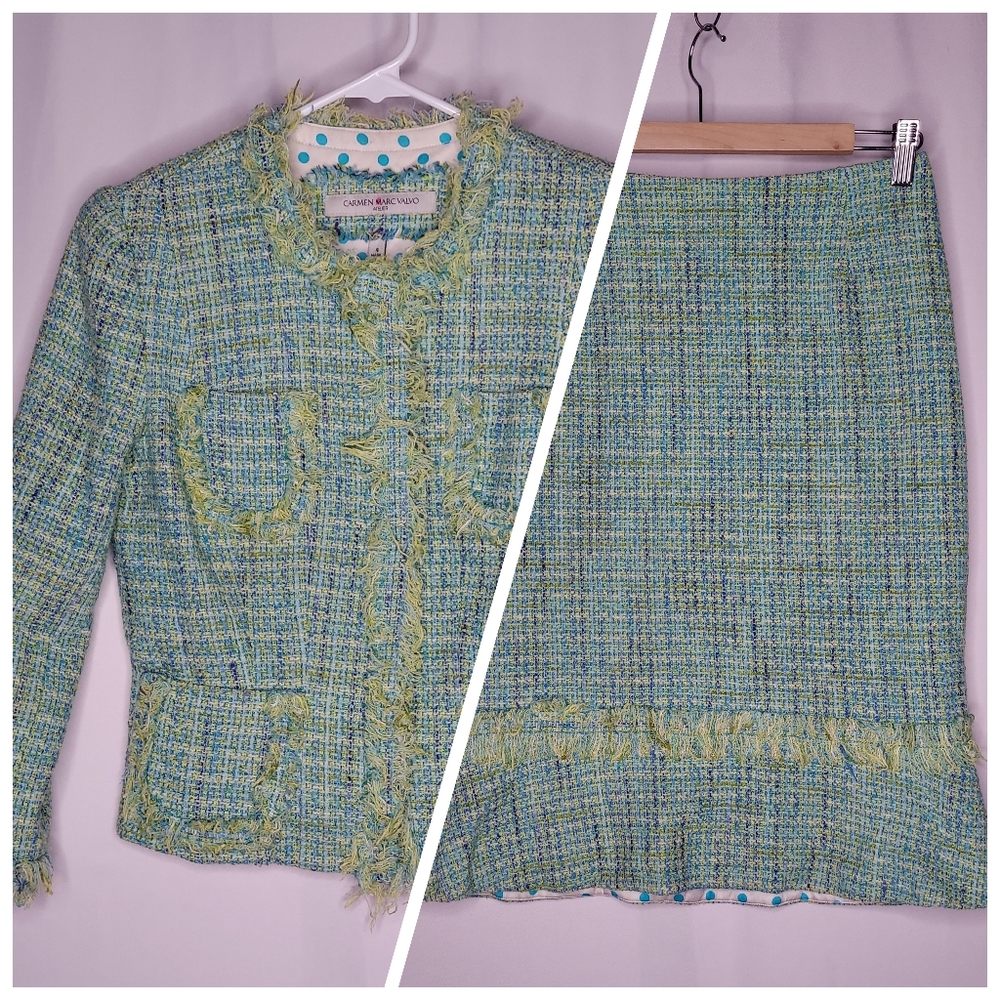 Carmen Marc Valvo Skirt Suit Set 4 Tweed Fringe Y2k‎ Clueless Prep Silk Lined